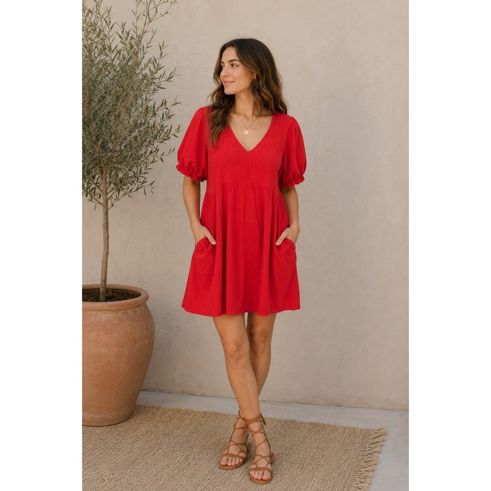 Universal Thread Mini Dress Women XL Red Puff Sleeve V-Neck Cotton Blend Pockets